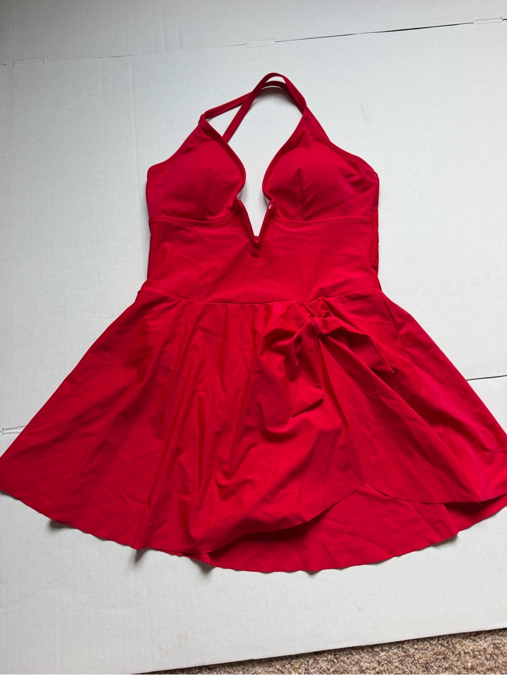 Women’s Red Swim Dress Size M Halter Plunge V Neck Side Tie Skirt One Piece